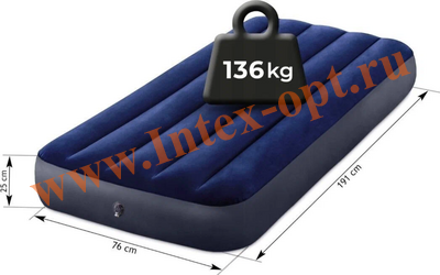 Надувной матрас 76х191х25 см, 1 местный, до136 кг, без насоса, Classic Downy Fiber-Tech, intex 64756