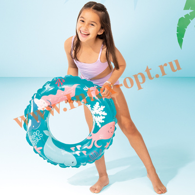 Надувной круг для плавания детский D 61 см,бирюзовый с рисунком, от 6 до 10 лет, без насоса, Intex 59242