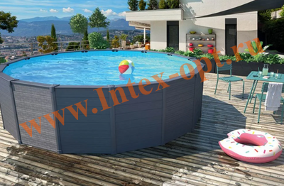 Круглый каркасный бассейн 478х124 см, Graphite Gray Panel Pool, песочный фильтр насос 4 m3, лестница, настил, тент, Intex 26384