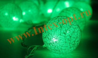 Гирлянда светодиодная Тайские фонарики из хлопковых ниток 4м/3.5 см,зеленый, прозрачный провод, 1 режим свечения, 220В