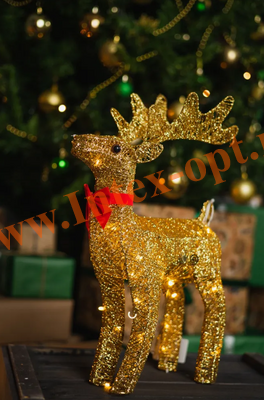 Светодиодная фигура Новогодний олень с бантом 50 см, золотой, акриловый, 8 режимов, прозрачный провод, 220В от сети