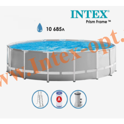 Бассейн каркасный круглый 366х122 см, Prism Frame Pool, картриджный фильтр насос 3785 л/ч, лестница с площадкой, Intex 26718